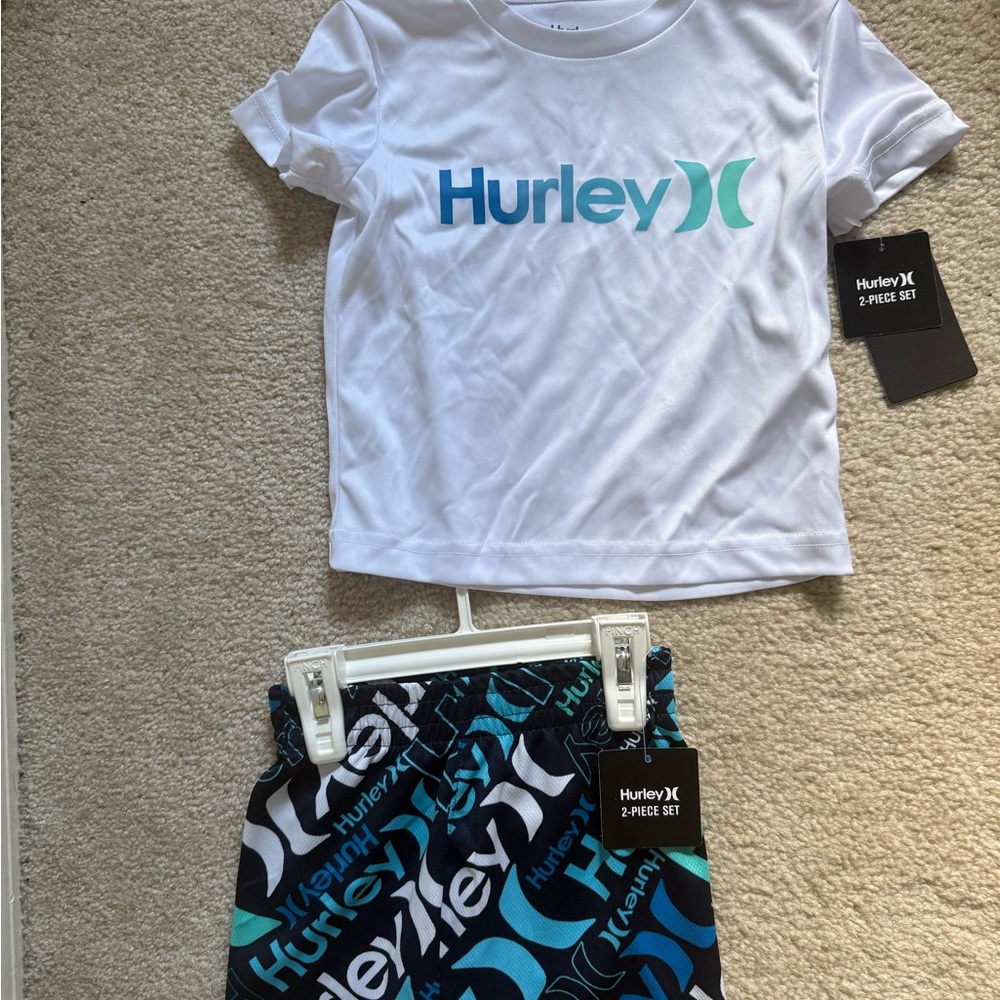 Hurley White Tee and Black Shorts Set with Teal Accents